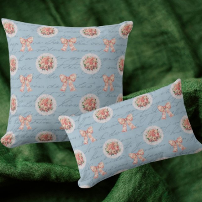 Coussin Bleu Antique Lettres Toile Bows Roses Rose (Available in 3 sizes)