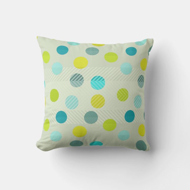 Coussin Bleu, Beige, Vert, Polka Jaune Motif (Recto)