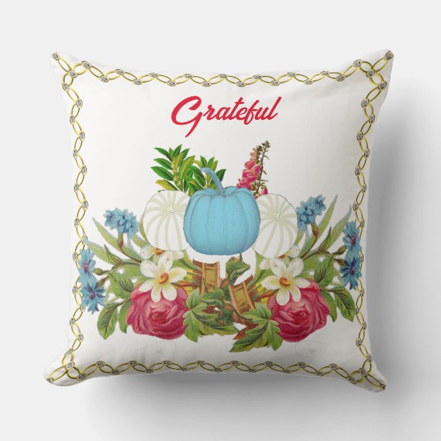 Coussin Bleu Blanc Citrouille Aquarelle Floral Rustique (Recto)