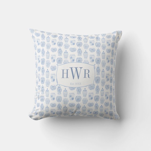 Coussin Bleu Blanc Gingembre Chinois Jar Avec Initiales Fa (Recto)