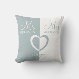 Coussin Bleu blanc M. Mme nom coeur cadeau mariage