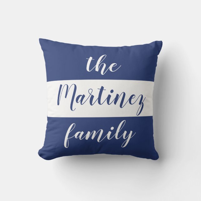 Coussin Bleu blanc personnalisé Bandes Nom de famille (Recto)