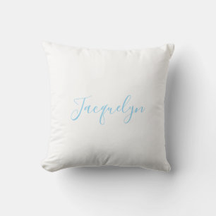 Coussin Bleu Blanc Plaine Élégant Moderne Calligraphie Nom
