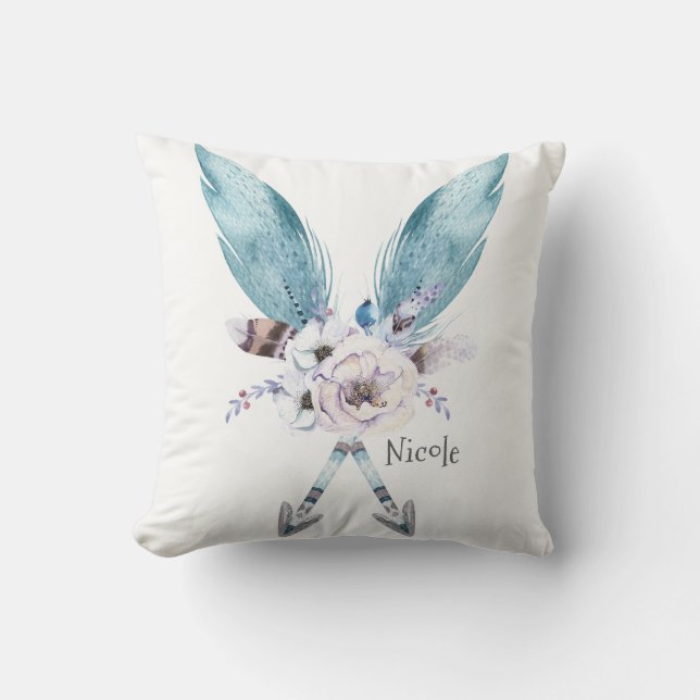 Coussin Bleu Boho Bohème Chic Flèches Plumes Florales (Recto)