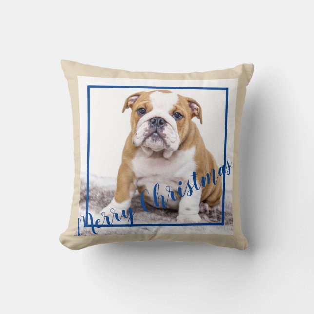 Coussin Bleu Bulldog, photo de Noël (Recto)
