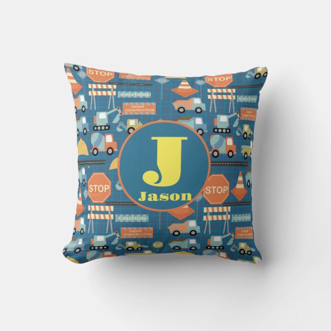 Coussin Bleu camion de construction enfant cadeau (Recto)