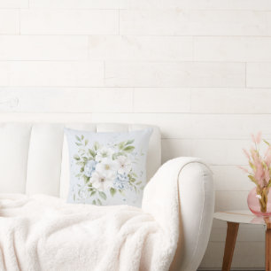 Coussin Bleu Céleste Floral Blanc