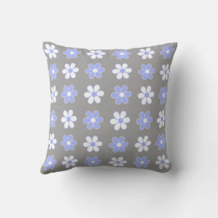 Coussin Bleu Ciel & Fleurs Blanches sur Gris Argent