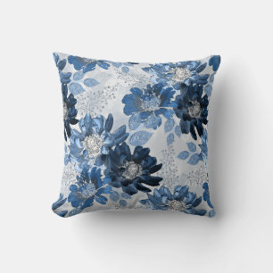 Coussin Bleu clair, fleurs bleu foncé sur gris clair