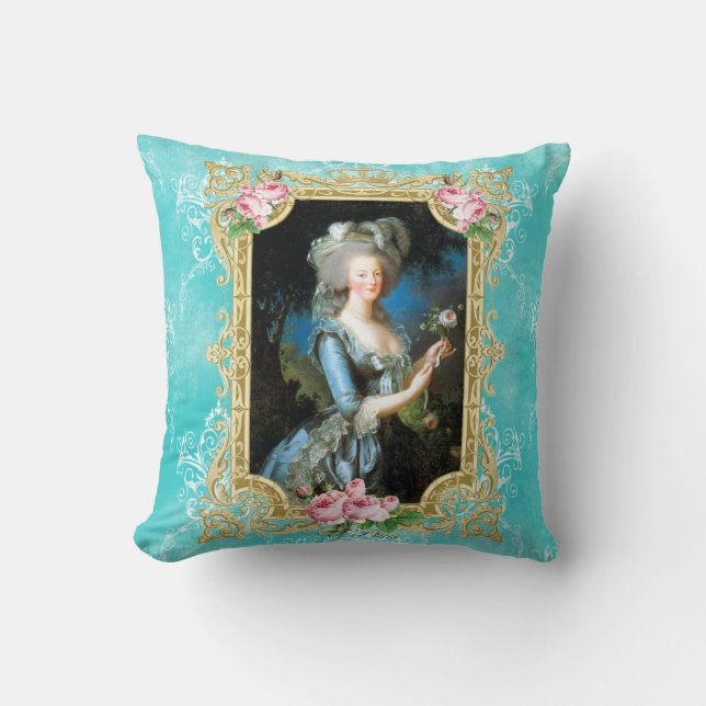Coussin bleu de coussin de rose de damassé de (Recto)
