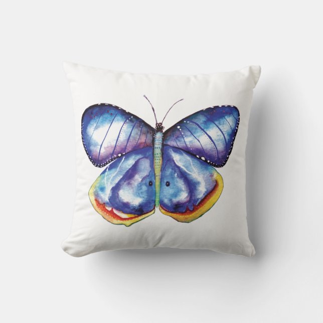 Coussin bleu de jet d'aquarelle de papillon (Recto)