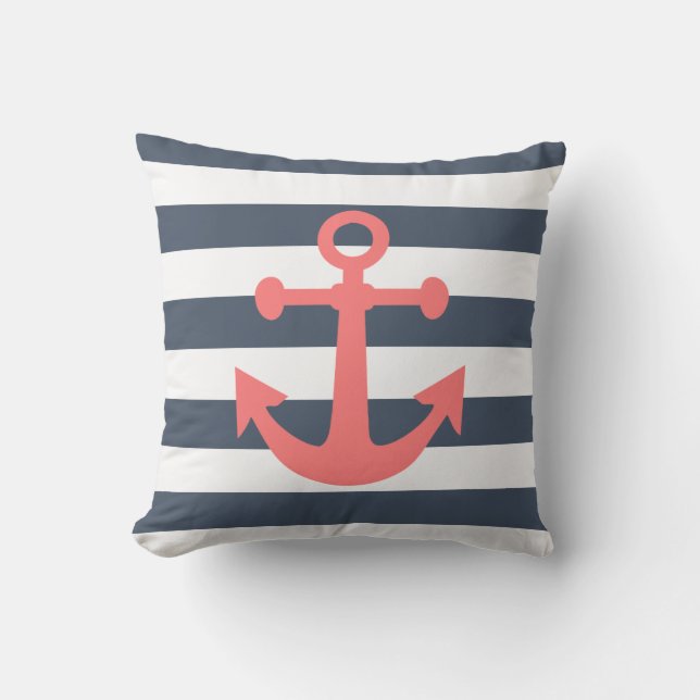 Coussin Bleu de la marine nautique Ancre de corail (Recto)
