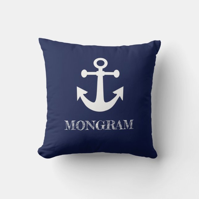 Coussin Bleu de marine nautique Bandes Nom du bateau Ancre (Recto)
