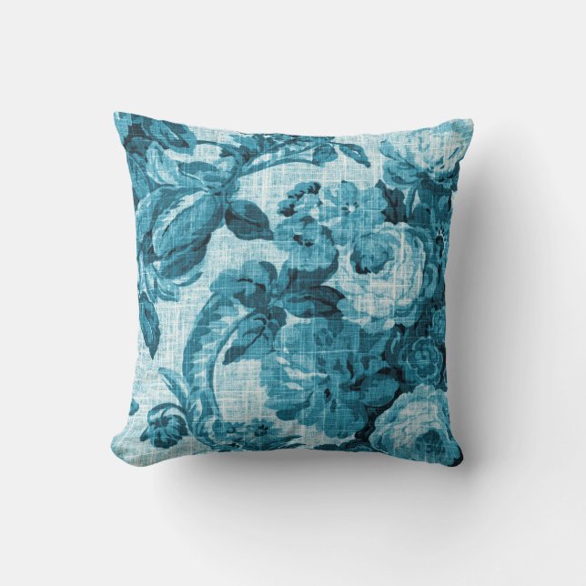 Coussin Bleu de turquoise turquoise d'Aqua Toile floral (Recto)