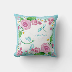 Coussin Bleu Dragonfly Garden Nursery Aquarelle Fleurs