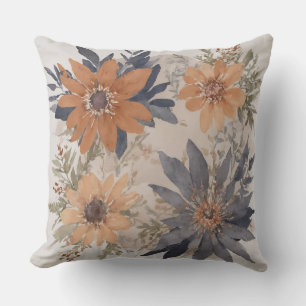 Coussin Bleu Dusté et Orange Aquarelle floral