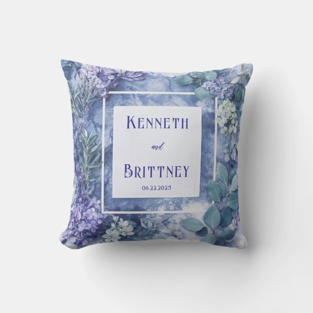 Coussin Bleu Dusty Mariage Botanique avec verdure (Recto)