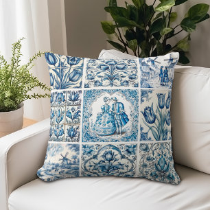Coussin Bleu Élégant Floral Toile Vintage