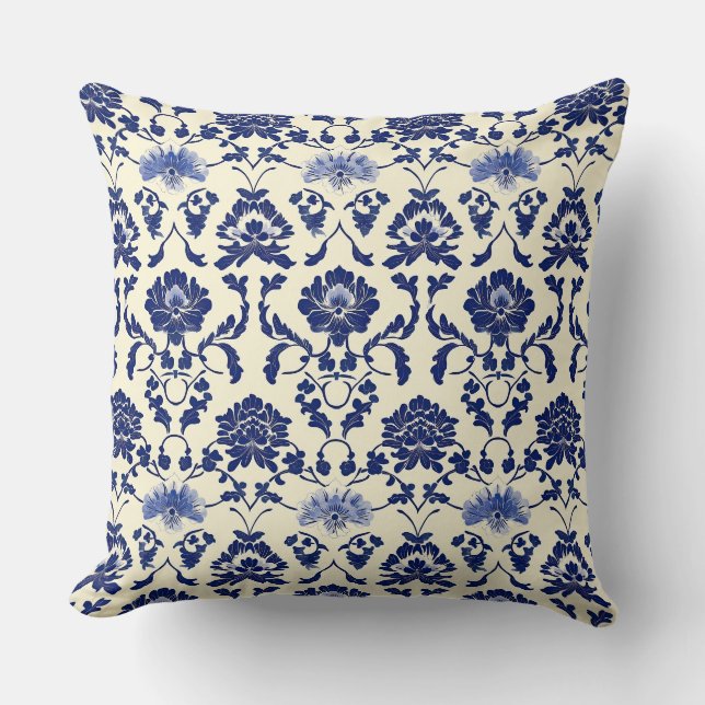 Coussin Bleu et blanc Art Nouveau Chinoiserie Peony Flora (Recto)