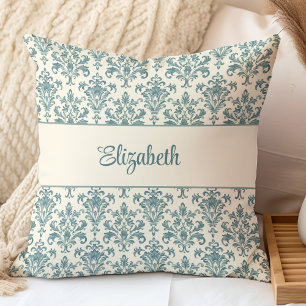 Coussin Bleu et Crème Damassé Vintage