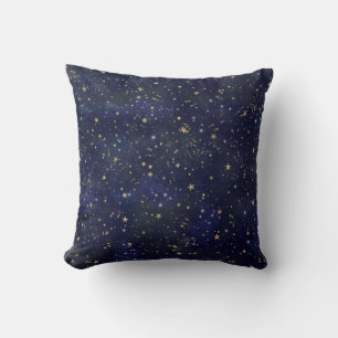 Coussin Bleu et Or Céleste Étoiles Aquarelle Fantaisiste