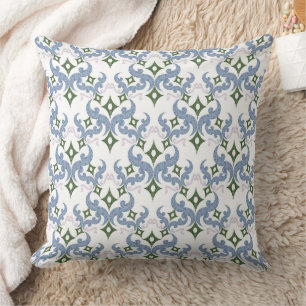 Coussin bleu et vert damas ornement pointillisme