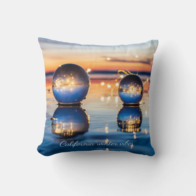 Coussin Bleu étincelant Orange Ocean Beach Sunset Lensball (Recto)