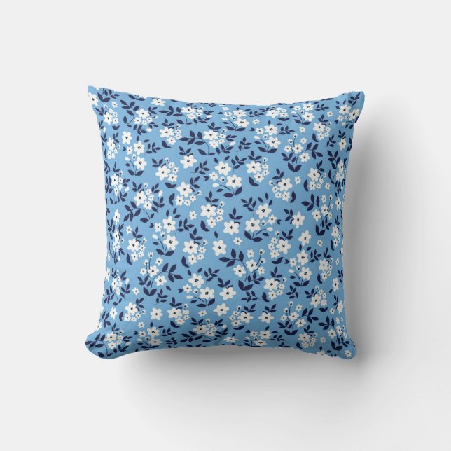 Coussin Bleu, Fleurs blanches : Vintage (Recto)