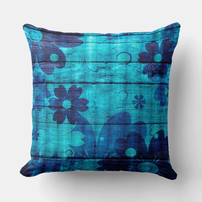 Coussin Bleu Floral Bois Abstrait (Recto)