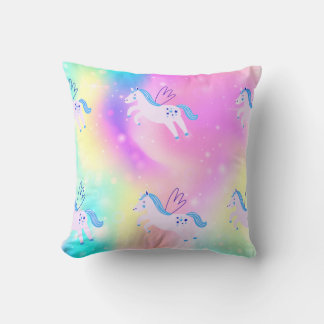 Coussin Bleu Flying Unicorns Rainbow Print Pillow