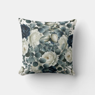 Coussin Bleu foncé et blanc floral moderne verdure 