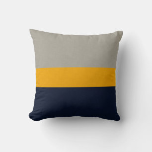 Coussin Bleu foncé, Jaune, Gris rayé Texté