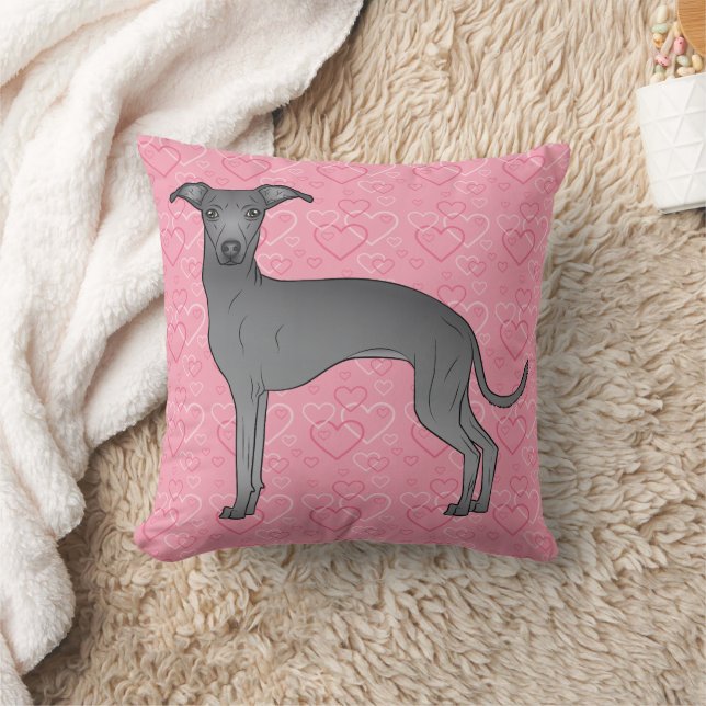 Coussin Bleu Italien Greyhound Chien mignon Sur Coeur Rose (Couverture)