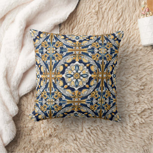 Coussin Bleu Jaune Blanc Noir Azuleju Espagnol Marocain