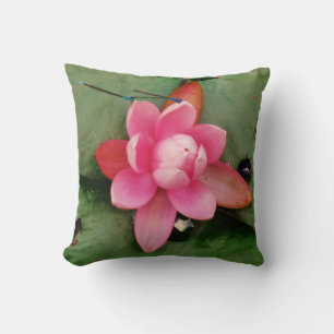Coussin Bleu libellule sur lotus rose