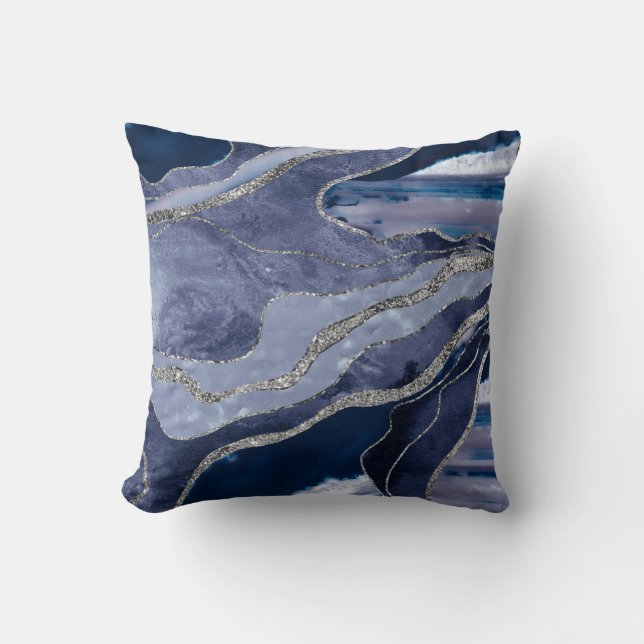 Coussin Bleu Marbre Agate Parties scintillant argent Glam  (Recto)