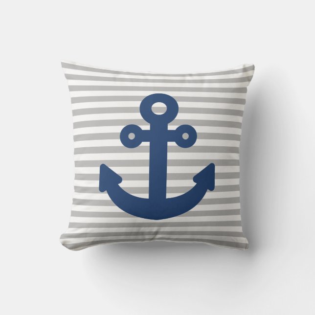 Coussin Bleu Marine Ancre Gris clair rayures (Recto)
