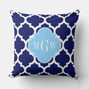 Coussin Bleu Marine Blanc Marocain #5 Bleu Ciel Monogramme
