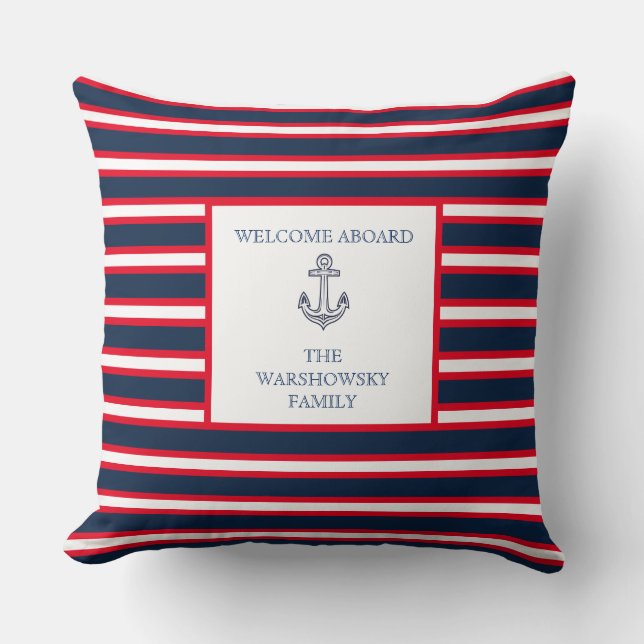 Coussin Bleu Marine Bleu Rouge Monogramme Nautique Bande (Recto)