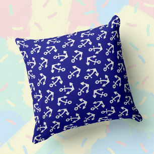 Coussin Bleu Marine Et Ancres Blanches Toile Coton Grande 