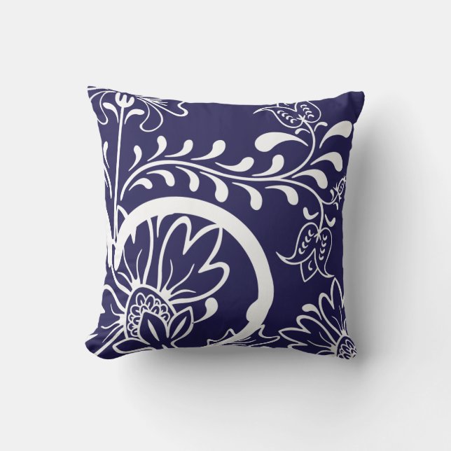 Coussin Bleu marine floral du motif | de damassé moderne (Recto)
