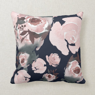 Coussin Bleu marine foncé de roses roses d'aquarelle