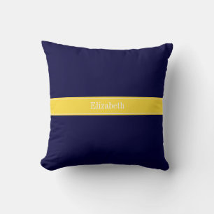 Coussin Bleu marine uni, monogramme avec ruban à motif ana
