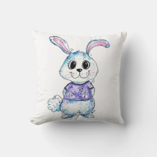 Coussin Bleu mignon et blanc et lapin rose