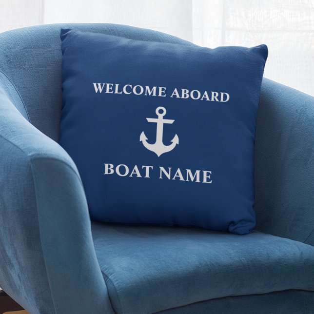 Coussin Bleu nautique Bienvenue à bord Nom du bateau Bleu  (Customize to change text size or text style.)