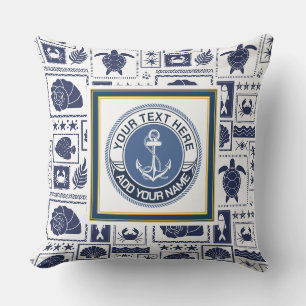 Coussin Bleu Nautique et Ancre Blanche Côtière
