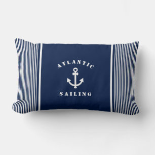 Coussin Bleu Nautique rayé avec Étiquette Ancre