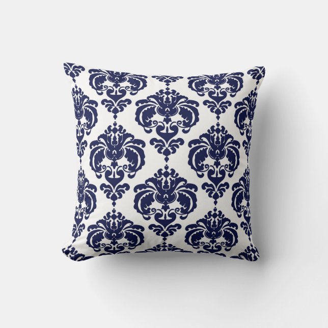 Coussin Bleu Nuit & Blanc Damassé Motif Élégant Moderne (Recto)