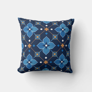 Coussin Bleu Nuit et Or Motif Floral Géométrique