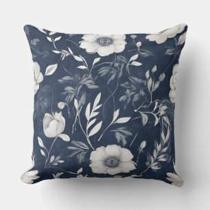 Coussin Bleu Nuit Gris Blanc Floral Maison de Campagne